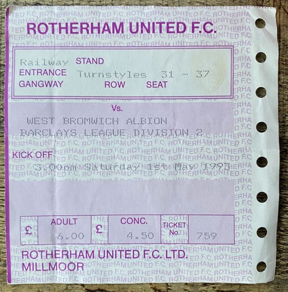 1992/93 ORIGINAL DIVISION TWO TICKET ROTHERHAM UNITED V WEST BROMWICH ALBION (VISITORS END)