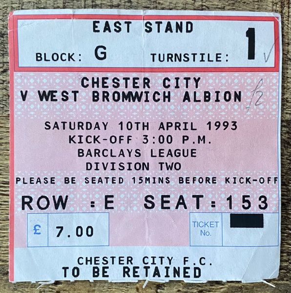 1992/93 ORIGINAL DIVISION TWO TICKET CHESTER CITY V WEST BROMWICH ALBION (VISITORS END)