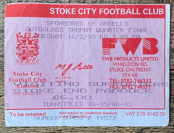 1992/93 ORIGINAL AUTOGLASS TROPHY QUARTER FINAL TICKET STOKE CITY V WEST BROMWICH ALBION (VISITORS TICKET)