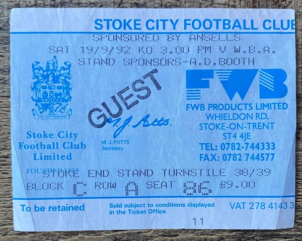 1992/93 ORIGINAL DIVISION TWO TICKET STOKE CITY V WEST BROMWICH ALBION