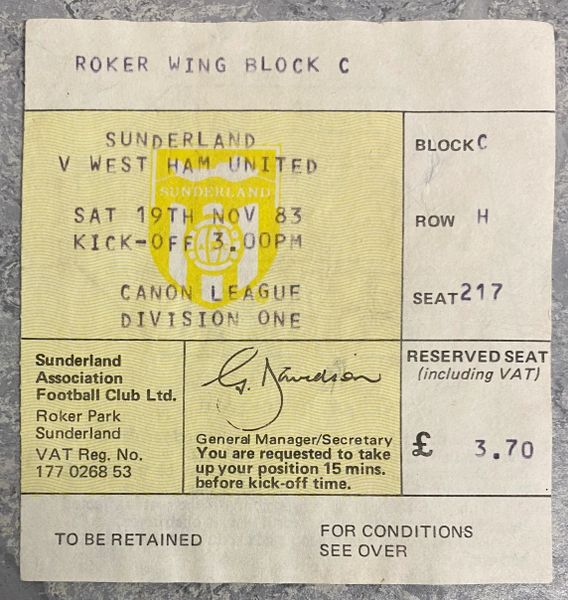 1983/84 ORIGINAL DIVISION ONE TICKET SUNDERLAND V WEST HAM UNITED