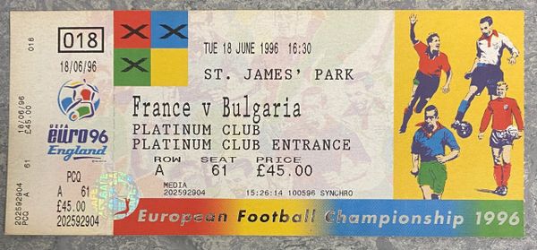 1996 ORIGINAL UNUSED EURO 96 1ST ROUND TICKET FRANCE V BULGARIA @ ST JAMES' PARK NEWCASTLE