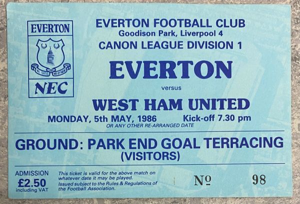 1985/86 ORIGINAL DIVISION ONE TICKET EVERTON V WEST HAM UNITED (VISITORS END)