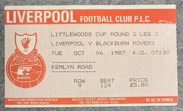 1987/88 ORIGINAL LITTLEWOODS CUP ROUND 2 2ND LEG TICKET LIVERPOOL V BLACKBURN ROVERS