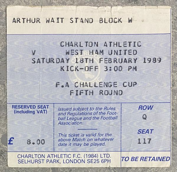 1988/89 ORIGINAL FA CUP ROUND 5 TICKET CHARLTON ATHLETIC V WEST HAM UNITED (VISITORS SEATING)