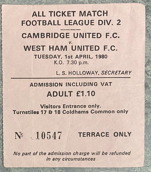 1979/80 ORIGINAL DIVISION TWO TICKET CAMBRIDGE UNITED V WEST HAM UNITED (VISITORS TICKET)