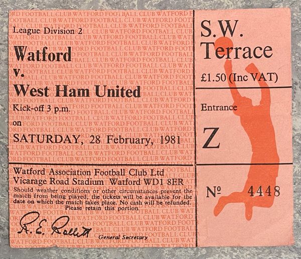 1980/81 ORIGINAL DIVISION TWO TICKET WATFORD V WEST HAM UNITED (VISITORS END)