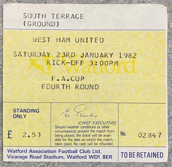 1981/82 ORIGINAL FA CUP 4TH ROUND TICKET WATFORD V WEST HAM UNITED (VISITORS END)