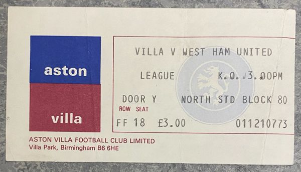 1981/82 ORIGINAL DIVISION ONE TICKET ASTON VILLA V WEST HAM UNITED