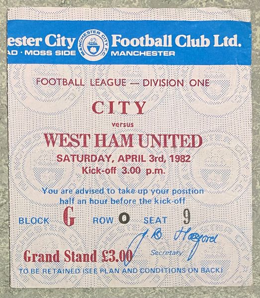 1981/82 ORIGINAL DIVISION ONE TICKET MANCHESTER CITY V WEST HAM UNITED
