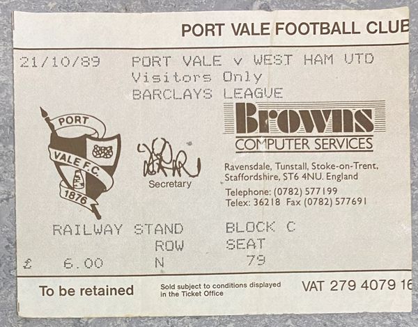 1989/90 ORIGINAL DIVISION ONE TICKET PORT VALE V WEST HAM UNITED (VISITORS END)