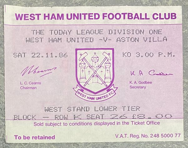 1986/87 ORIGINAL DIVISION ONE TICKET WEST HAM UNITED V ASTON VILLA