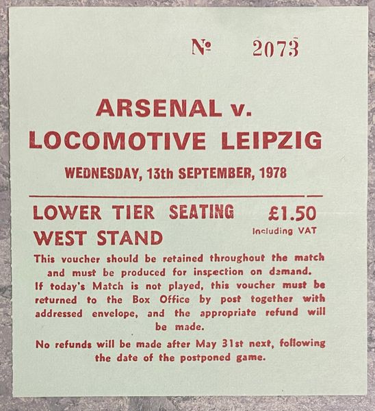 1978/79 ORIGINAL UEFA CUP 1ST ROUND 1ST LEG TICKET ARSENAL V LOCOMOTIVE LEIPZIG