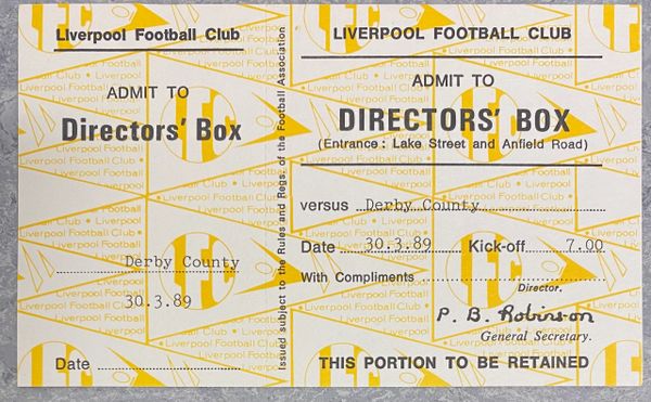 1988/89 ORIGINAL DIVISION ONE UNUSED DIRECTORS BOX TICKET LIVERPOOL V DERBY COUNTY