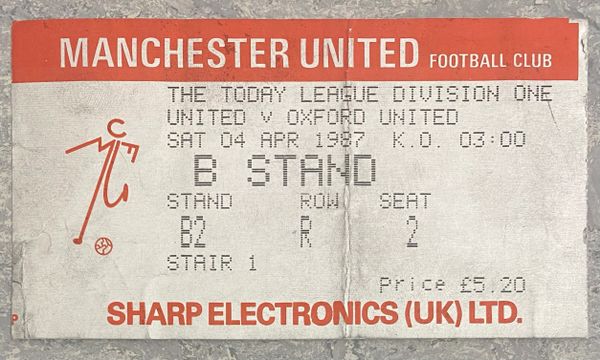 1986/87 ORIGINAL DIVISION ONE TICKET MANCHESTER UNITED V OXFORD UNITED