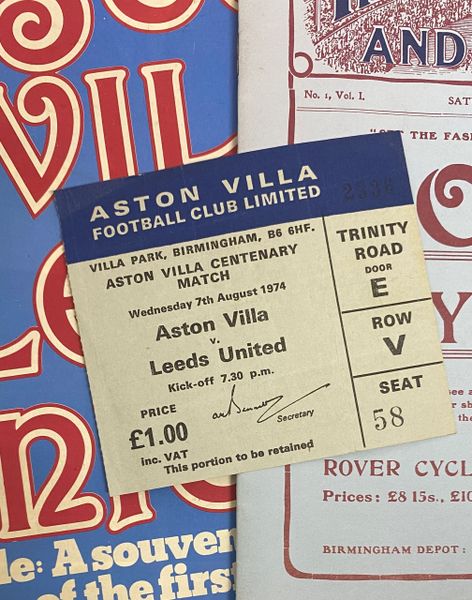 1974 ORIGINAL ASTON VILLA CENTENARY MATCH PROGRAMMES AND TICKET ASTON VILLA V LEEDS UNITED