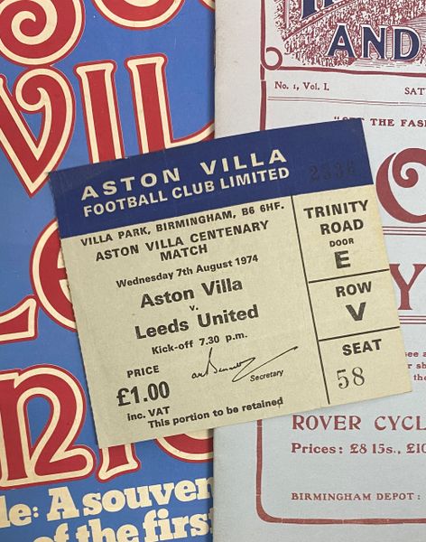 1974 ORIGINAL ASTON VILLA CENTENARY MATCH PROGRAMMES AND TICKET ASTON VILLA V LEEDS UNITED