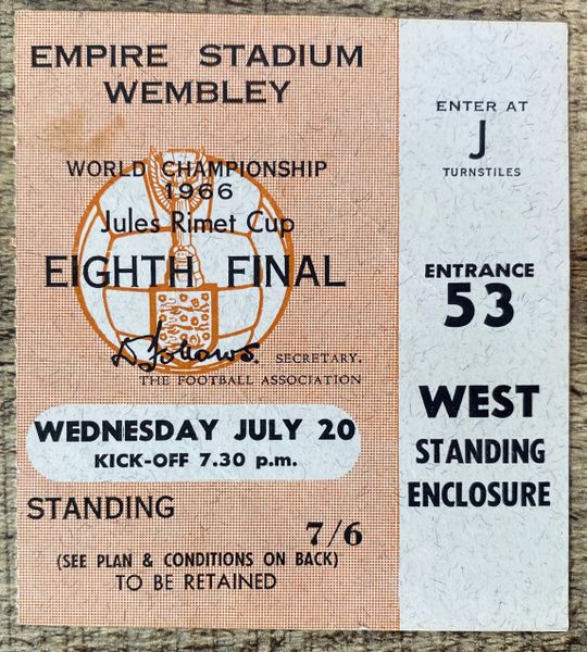 1966 ORIGINAL WORLD CUP 1st ROUND TICKET ENGLAND V FRANCE @ WEMBLEY H 53 220