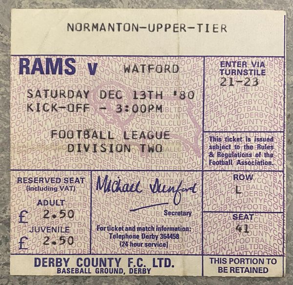 1980/81 ORIGINAL DIVISION TWO TICKET DERBY COUNTY V WATFORD