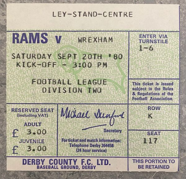 1980/81 ORIGINAL DIVISION TWO TICKET DERBY COUNTY V WREXHAM