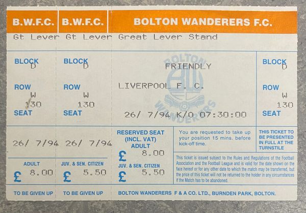 1994 ORIGINAL UNUSED FRIENDLY TICKET BOLTON WANDERERS LIVERPOOL