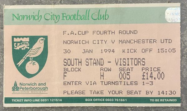 1993/94 ORIGINAL FA CUP 4TH ROUND TICKET NORWICH CITY V MANCHESTER UNITED (VISITORS ALLOCATION)