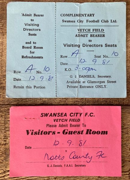1981/82 ORIGINAL DIVISION ONE DIRECTORS BOX TICKETS SWANSEA CITY V NOTTS COUNTY