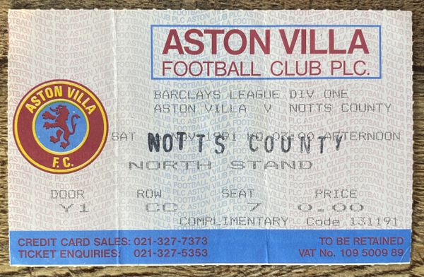 1991/92 ORIGINAL DIVISION ONE TICKET ASTON VILLA V NOTTS COUNTY (NOTTS COUNTY ALLOCATION)