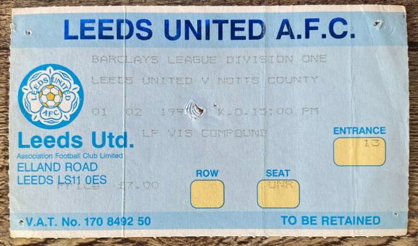 1991/92 ORIGINAL DIVISION ONE TICKET LEEDS UNITED V NOTTS COUNTY (NOTTS COUNTY ALLOCATION)