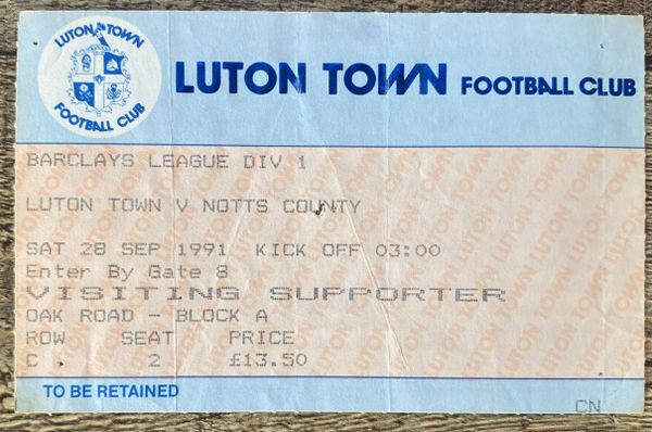 1991/92 ORIGINAL DIVISION ONE TICKET LUTON TOWN V NOTTS COUNTY (NOTTS COUNTY ALLOCATION)