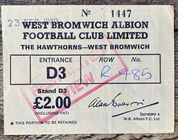 1979/80 ORIGINAL DIVISION ONE TICKET WEST BROMWICH ALBION V ASTON VILLA