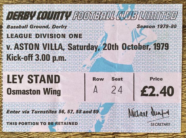 1979/80 ORIGINAL DIVISION ONE TICKET DERBY COUNTY V ASTON VILLA