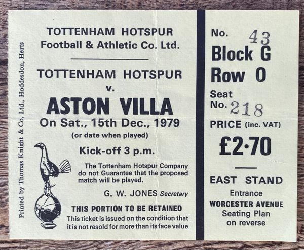 1979/80 ORIGINAL DIVISION ONE TICKET TOTTENHAM HOTSPUR V ASTON VILLA