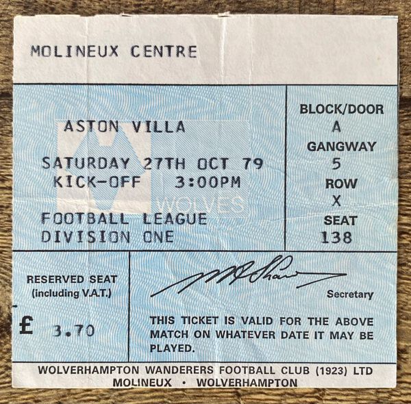 1979/80 ORIGINAL DIVISION ONE TICKET WOLVERHAMPTON WANDERERS V ASTON VILLA