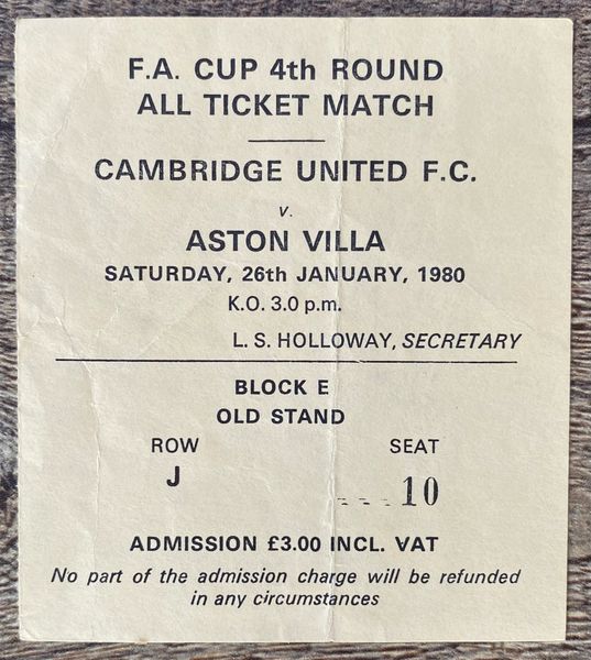 1979/80 ORIGINAL FA CUP 4TH ROUND TICKET CAMBRIDGE UNITED V ASTON VILLA