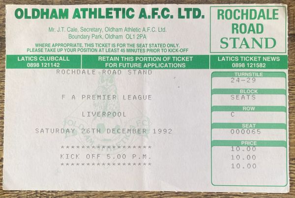 1993/94 ORIGINAL FA PREMIERSHIP TICKET OLDHAM ATHLETIC V LIVERPOOL (VISITORS ALLOCATION)