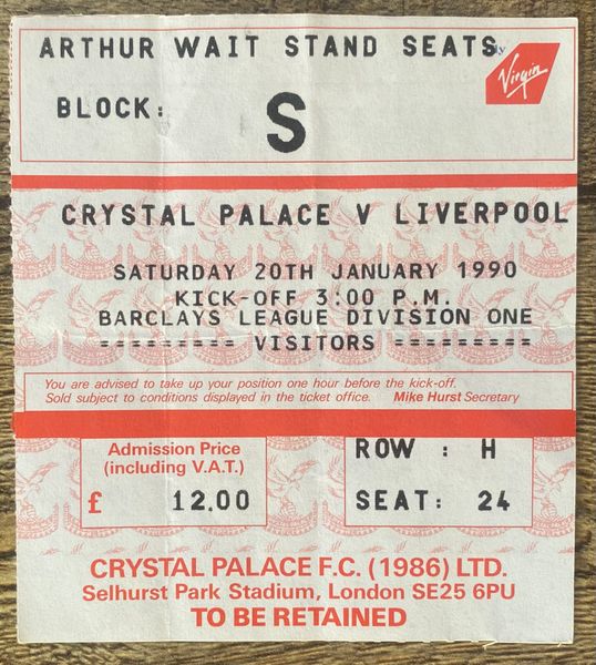 1989/90 ORIGINAL DIVISION ONE TICKET CRYSTAL PALACE V LIVERPOOL (VISITORS SEATING)