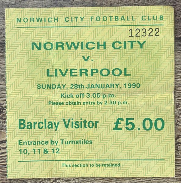 1989/90 ORIGINAL FA CUP 4TH ROUND TICKET NORWICH CITY V LIVERPOOL (VISITORS END)