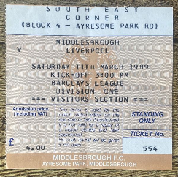 1988/89 ORIGINAL DIVISION ONE TICKET MIDDLESBROUGH V LIVERPOOL (VISITORS END)