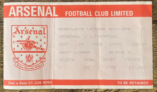 1989/90 ORIGINAL DIVISION ONE TICKET ARSENAL V LIVERPOOL