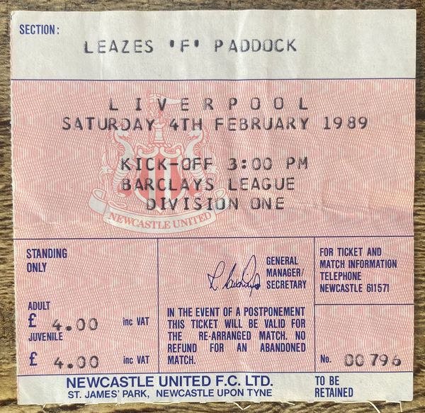 1988/89 ORIGINAL DIVISION ONE TICKET NEWCASTLE UNITED V LIVERPOOL (VISITORS END)