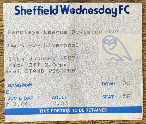 1988/89 ORIGINAL DIVISION ONE TICKET SHEFFIELD WEDNESDAY V LIVERPOOL (VISITORS END)