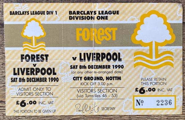 1990/91 ORIGINAL UNUSED DIVISION ONE TICKET NOTTINGHAM FOREST V LIVERPOOL (VISITORS END)