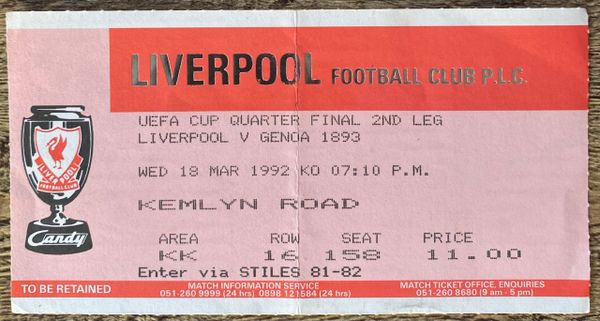 1991/92 ORIGINAL UEFA CUP QUARTER FINAL 2ND LEG TICKET LIVERPOOL V GENOA