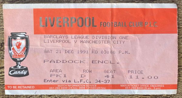 1991/92 ORIGINAL DIVISION ONE TICKET LIVERPOOL V MANCHESTER CITY