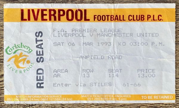 1992/93 ORIGINAL DIVISION ONE TICKET LIVERPOOL V MANCHESTER UNITED (VISITORS END)