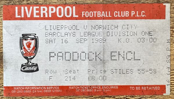 1989/90 ORIGINAL DIVISION ONE TICKET LIVERPOOL V NORWICH CITY