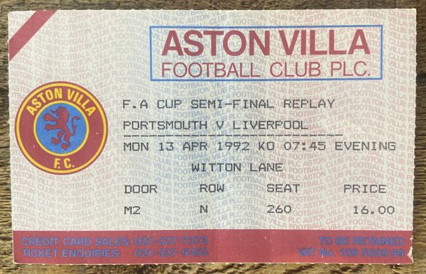 1992 ORIGINAL FA CUP SEMI FINAL REPLAY TICKET PORTSMOUTH v LIVERPOOL (LIVERPOOL ALLOCATION)