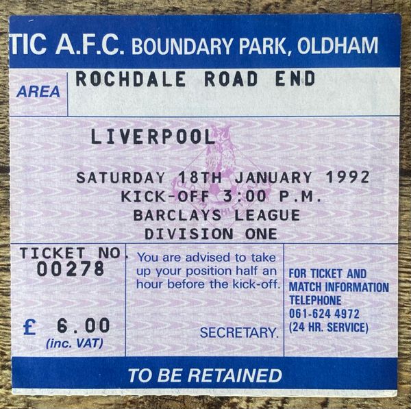 1991/92 ORIGINAL DIVISION ONE TICKET OLDHAM ATHLETIC V LIVERPOOL (VISITORS ALLOCATION)