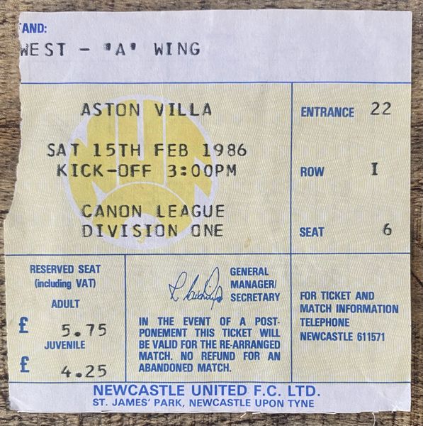 1985/86 ORIGINAL DIVISION ONE TICKET NEWCASTLE UNITED V ASTON VILLA